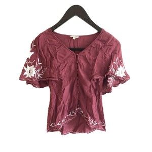 Lucky Brand Women’s Flutter Sleeve Pink Button Up Top Embroidered Size Small